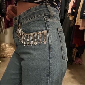 H&M wide leg jeans rhinestone bling dangle pockets size 2 sexy denim jean long